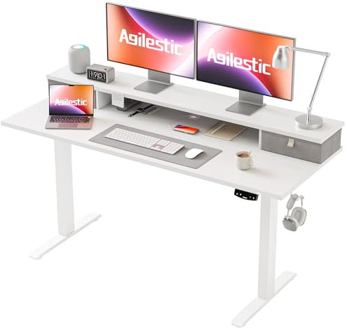 Agilestic Höhenverstellbarer Schreibtisch mit 2 Schubladen, 140 x 60 cm Stabiler Schreibtisch Höhenverstellbar Elektrisch, Ergonomischer Steh-Sitz Tisch Computertisch, Weiß