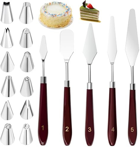 HEOUCH 5 Pezzi Spatola per Dolci Torte, Torta Tavolozza Angolare, 12 Pezzi Bocchette Decorative per Pasticceria, Set Pasticceria in Acciaio Inox, Dolci Spatole, per Cupcake Decorativi DIY