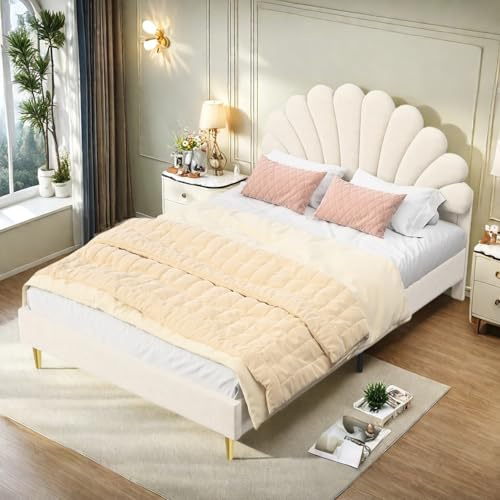 RWUDV Polsterbett Kinderbett 140x200 cm, Mädchen Bett, Doppelbett für Mädchen, Bettgestell mit Kopfteil in Blumenform und Lattenrost, Jugendbett 140x200 aus Massivholz und Samt, Ohne Matratze, Beige