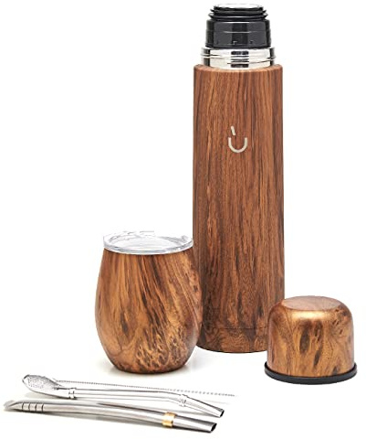 balibetov Complete Yerba Mate Set - Modern Mate Gourd, Vacuum Flask, Bombilla and Cleaning Brush Included - All Premium Quality 304 18/8 Stainless Steel (Wood) (Wood)