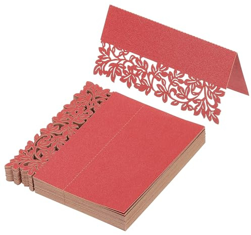 PATIKIL 50 tarjetas de lugar de boda, hojas cortadas con láser, tarjetas plegadas para tienda de campaña, tarjetas de nombre para mesa, recepción de boda, bufé, color rojo perla