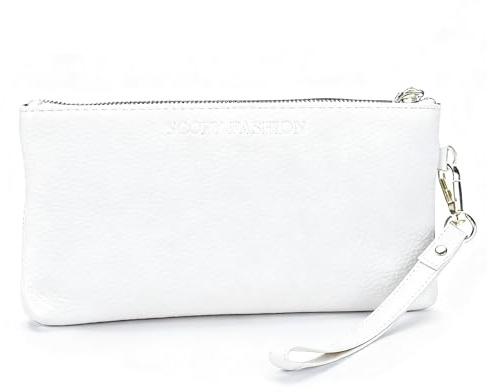 Soft Genuine Leather Wristlet Clutch Bags for Women Small Phone Handbags Long Wallet Fashion Purses (White)