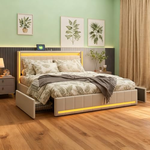 HYNHXBP Cama tapizada 140x200 cm con 4 cajones, Cama Doble con iluminación LED y Carga USB, Cama Juvenil, Cama con canapé con somier, Beige, Lino