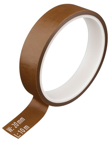 Nastro in teflon PTFE, 20 mm x 10 m, resistente al calore, con adesivo in silicone fino a 300 °C, ideale per applicazioni di sigillatura a caldo, sottovuoto e stampa 3D (20 mm)