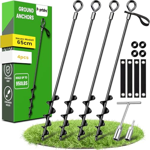 Anclajes de suelo de 65 cm, paquete de 4 con correas resistentes, anclajes de suelo para atornillar en el suelo para asegurar castillos inflables, casas móviles, pabellones, etc., estables y fácil