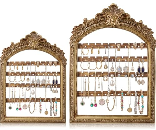 Fiwochic 2 Pcs 10 x 6.9'' & 13 x 9.3'' Wall Hanging Earring Holder Organizers Vintage Arched Frame 4 Layer Wall Mounted Jewelry Holder Decorative Retro Baroque Stud Earring Display (Gold)