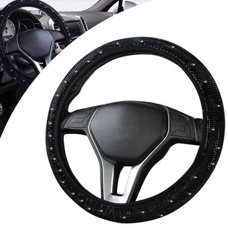 Car Steering Wheel Cover With Sparkling Crystals,38cm/15inch Universal Fit Steering Wheel Cover Without Inner Ring Universal Size for Fit Four Seasons (Black)