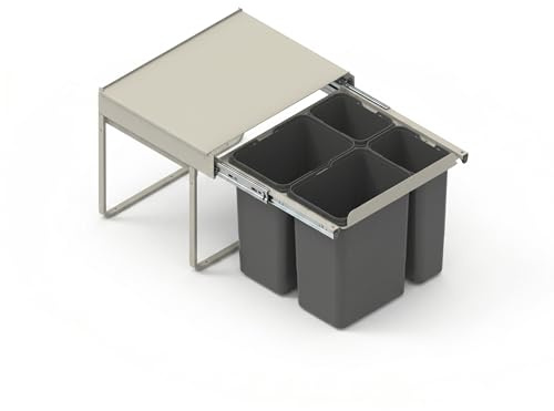 FurniFit Inbyggd papperskorg för 60 cm skåp 4-vägs avfallssystem med lock Soft-Close & fullt utdrag 2 x 15 l 2 x 7 l frontmontering silverfärger