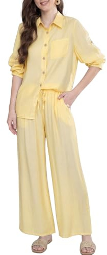 Adigaber Chándal de Manga Larga para Mujer Camisa con Botones y Holgado Cintura Alta Pierna Ancha Cordón Pantalones con Bolsillos