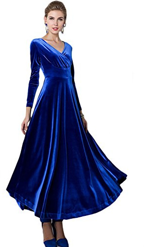 VERYCO - Vestido largo elástico de terciopelo, cuello de pico, manga larga, estilo vintage