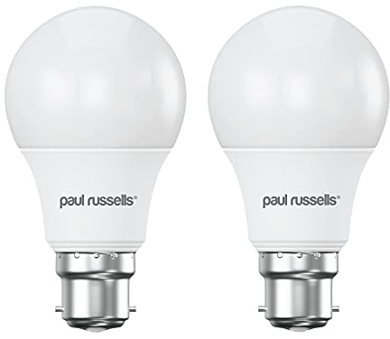 paul russells LED GLS Light Bayonet Cap BC, 60w Equivalent, 8watt 806LM LED Bulbs, 2700K Warm White Lamp, Classic Frosted A60 Standard B22 Energy Saving Non-Dimmable Large Globe Lightbulbs, 2 Pack