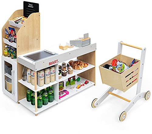 COSTWAY Pretend Play Shop, Kids Supermarket Playset with Shopping Cart, Scanner, Chalkboard & Checkout Belt, Wooden Role Play Grocery Store for Ages 3+