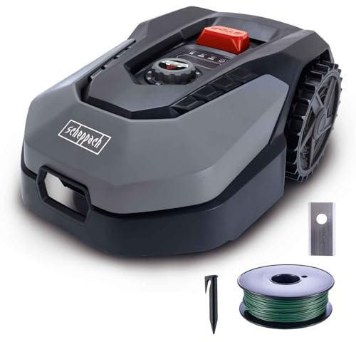 Scheppach Mähroboter RLM500W bis zu 500 qm² | 18cm Schnittbreite | 20-60 mm Schnitthöhe | Regensensor | WiFi & BT | App gesteuert | 35% Steigung | mit Station, 9 Messer, 100m Kabel & 130 Haken