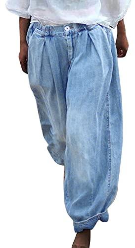 Sarouel à jambes larges pour femme - Pantalon court en jean avec taille élastique - Boutons - Coupe ample - Imprimé bohème - Hippie - Décontracté - Pour l'été, la plage, le yoga - Pantalon en lin avec