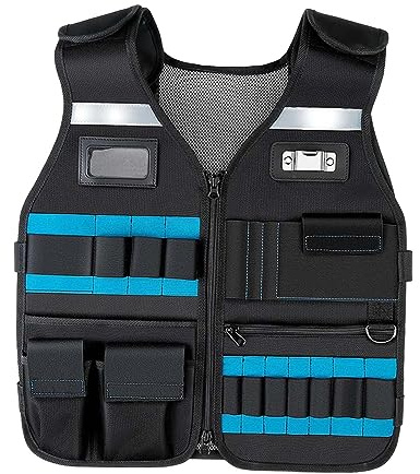 Sharplace Gilet à outils avec poches gilet de construction réfléchissant pochette à outils de pêche universel léger confortable porter sécurité gilet de travail, Bleu