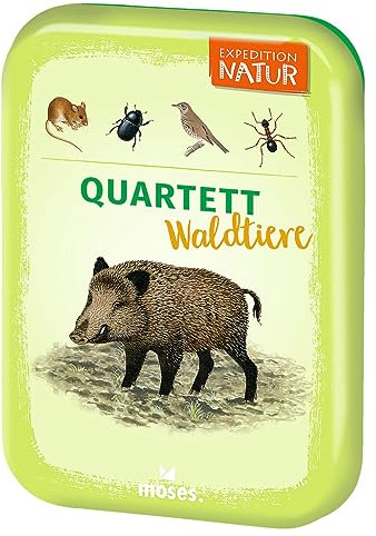 moses 9864 Expedition Natur Quartet Animaux de la forêt Jeu de Cartes pour Enfants, Jeu de Voyage dans Une boîte métallique compacte pour Les déplacements, Jeu d'enfant à partir de 8 Ans, Jaune