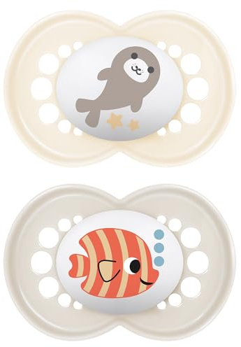MAM Original Dummies, 18-36M, 2 Pack, Orthodontic Design, Cream/Grey | SkinSoft Silicone Teat, Comes in Dummy Steriliser Case, Sustainable Materials, Baby Accessories (Designs Vary)