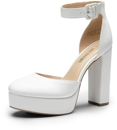DREAM PAIRS Décolleté con Plateau e Cinturino alla Caviglia Comode Scarpe da Sposa con Tacco e Blocco per Festa,Size 37,Bianco-Pu,SDPU2419W