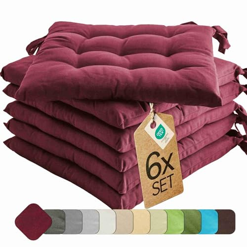etérea 6er Set Sitzkissen Outdoor 40x40 mit Bändern - Stuhlkissen Bordeaux für Gartenstuhl & Innenbereich - waschbare Sitzauflagen Gartenmöbel - 6 Stück Kissen 40x40 cm - Bordeaux