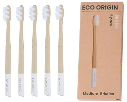 Eco Origin Spazzolino da denti in bambù con setole medie, manico biodegradabile al 100%, senza plastica e riciclabile, ecologico, in legno di alta qualità, per bambini e adulti, confezione da 5