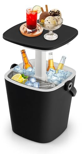 COSTWAY 3-in-1 Cool Box Portatile 15L con Piano Rialzabile 34 x 35 x 37-58 cm, Secchiello Ghiaccio con Apribottiglie e Pinza per Alimenti, Tavolino Portaghiaccio, per Piscina e Spiaggia (Nero)