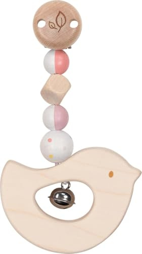 goki baby 65342 – klippfigur fågel av trä med ringklocka – tillverkad i Tyskland, rosa, flicka, främjar greppflex och motorik, lämplig för barnvagnen, bilstolen eller lekbågen, från födseln