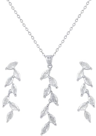 KONFEN Juego de Joyas para Mujer, Joyeria Collar con Colgante en Forma de Hojas y Juego de Pendientes con Cubic Zirconia, Collares de Largo Ajustable y Pendientes, Regalos para Niñas, Plata