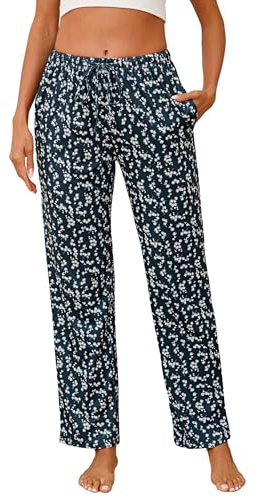 Jahetuul Pantalon de Pyjama Femme Coton Bas de Pyjama Femmes à Imprimé Floral Pantalon de Nuit Long avec Poches Doux et Confortable