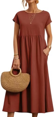 Robe d'été pour Femme Manches Courtes Unie Robe décontractée Longueur Genou Robe midi avec Poches Longue Femme Ete Plage Manches Courtes Casual élégante Maxi Swing Taille Haute