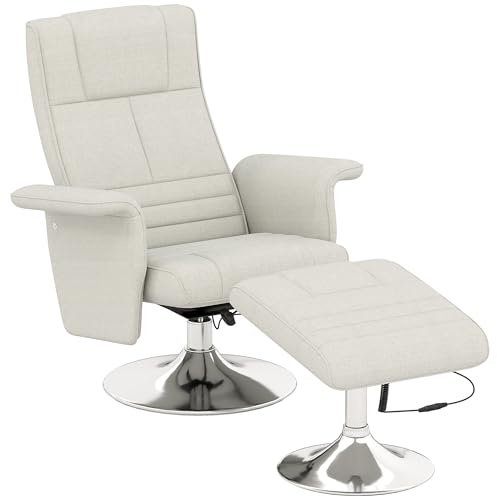 HOMCOM Sillón de masaje vibratorio con reposapiés, sillón TV con función chaise longue, asiento giratorio 360°, cómodo asiento acolchado, para salón, dormitorio, tejido efecto lino, color crema
