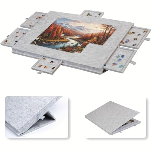 Tilting Jigsaw Puzzle Board, Lightweight Felt Storage Case with Cover and 6 Drawers Portable Jigsaw Puzzle Table for Games Adults Kids Gift for 1000 Pieces Puzzle, Grey