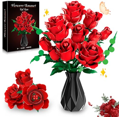 kiothdre Kit Construction Fleur Rose Rouge, Botanicals Bouquet de Roses Fleurs Artificielles Gothiques pour Adultes, 443PCS Rose Bouquet, Cadeau Saint Valentin Femme Adulte