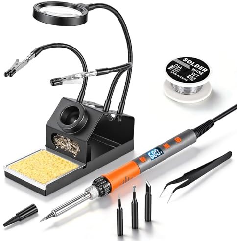 Soldering Iron Kit, 100W High Power LCD Digital Solder Iron Pen, Fast Heating Soldering Tool with Magnifying Glass and Helping Hands, Iron Tips, Solder Wire, Tweezer, Automatic Sleep Mode