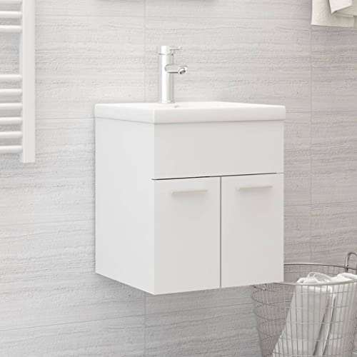 ZQQLVOO White Engineered Wood Sink Cabinet with Built-in Basin, Ceramic Washbasin with Overflow and Push Drainer, 1 Compartment 2 Doors Storage for Bathroom Washroom