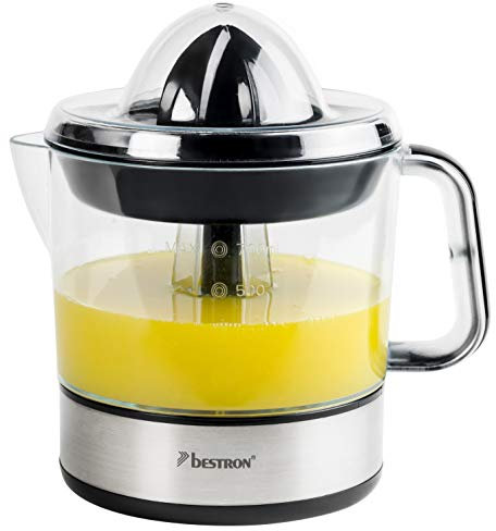 Bestron elektrische Zitrus- & Orangenpresse, inkl. 2 Presskegel und Aromadeckel, Motor mit zwei Drehrichtungen (links/rechts), Füllmenge: 0.7 Liter, 40 Watt, Farbe: Silber, ACJ350Z