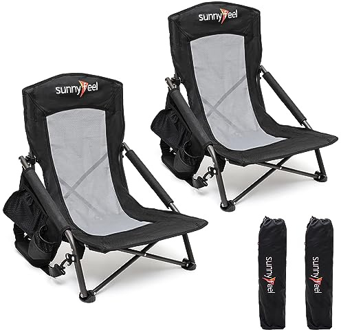 SUNNYFEEL Folding Low Camping Beach Chair 2 Pack, Lightweight Portable Lawn Chair with Mesh Back, Cup Holder for Outdoor/Travel/Picnic/Concert, Foldable Camp Backpack Chair with Carry Bag