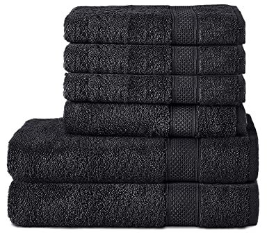 Komfortec 6er Handtuch Set aus 100% Baumwolle, 2er Badetücher 70x140 cm und 4er Handtücher 50x100 cm, Frottee, Weich, Schwarz