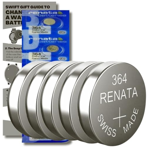 SR621SW Watch Batteries - 5 x Renata 364 Swiss Made Equivalent to SR621SW Replacement Cell Button Battery Pack for Watches with Fitting Guide