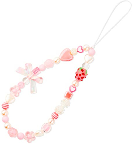 Phone Charm, Strawberry Söt Mobil Pärlband Mobiltelefon Hänge Armband Pärlstav Mobil Nyckelring Prydnad för Damer, Flickor, Kvinna Present (Rosa)