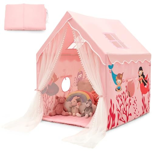 Maxmass Kids Play Tent, Large Children Castle Fairy Playhouse with Removable Mat, Mesh Windows, Mesh Gauze Door Curtain, Indoor Outdoor Toddler Dreamy Tent for Boys Girls (Pink)