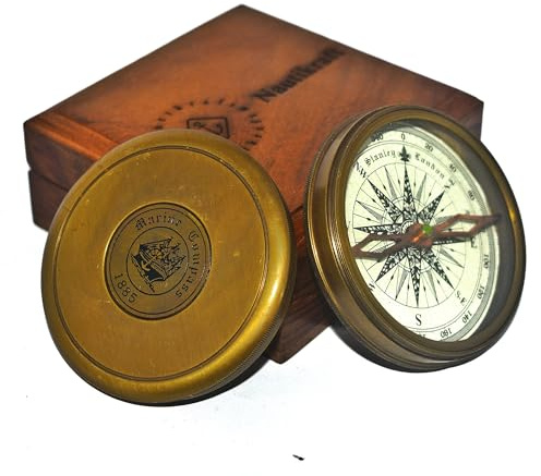 Bussola marina 1885 vintage in ottone anticato con scatola per barca, nave, campeggio, navigazione