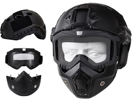 Airsoft Helmet and Full Face Mask, Detachable Airsoft Goggles,Paintball PJ Fast Helmet with Front NVG Mount and Side Rail