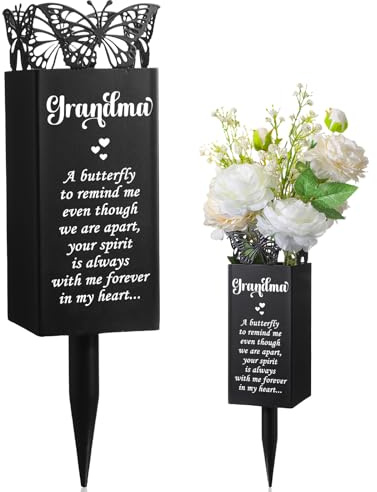Geosar Cemetery Vases for Grave Metal Flower Butterfly Memorial Flower Holder with Spike Grave Marker Floral Cemetery Funeral Mother's Day Decorations for Lawn Yard Outdoor Funeral(Grandma)