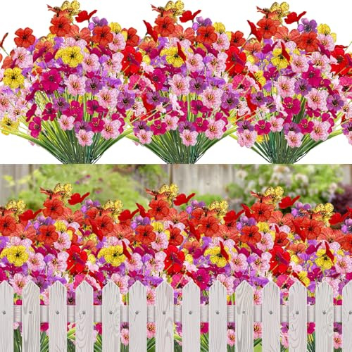12 Mazzi Fiori Artificiali per Esterni Piante Finte Resistenti ai Raggi UV in Plastica Fiori Finti per Interni ed Esterni Fioriere da Appendere da Giardino Finestra Decorazione Domestica (Colore D)
