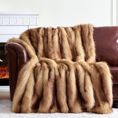 IKALIFE Luxury Faux Fur Blanket - 150 x 200 cm Thick Warm Double Sided Fluffy Blankets, Winter Cozy Fuzzy Fur Throws, Super Soft Cosy Plush Brown Throw For Bed Sofa Couch