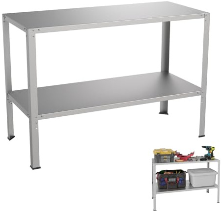 UISEBRT Estantería para cargas pesadas con dos capas, 114 x 50 x 80 cm, soporta hasta 300 kg, galvanizado para garaje, sala de ocio, taller, 1 unidad