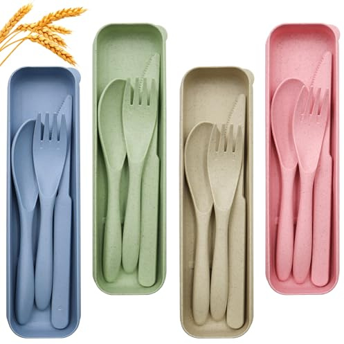 OMJMYY 4 Piezas Juego de Cubiertos de Viaje con Estuche Reutilizables de Plástico Portátil con Cuchillo Tenedor y Cuchara para Camping Picnic Oficina y Escuela (4 Colores)