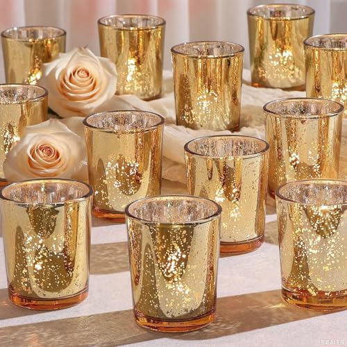 12pcs Candle Holders Votive, Gold Glass Tea Light Holders Bulk for Weddings, Events, Table Centrepiece, Christmas, Valentine, and Party and Holiday Decorations (gold-12)