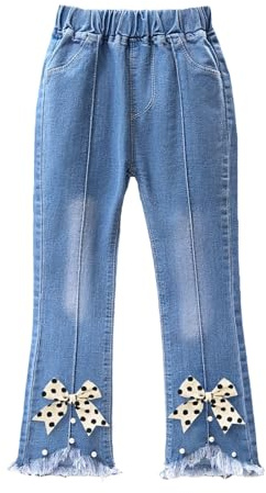 Generisch Jean 2026 pour fille avec nœud perlé, jambe large, pantalon évasé avec taille élastique pour tout-petits filles pantalon trous 152, bleu clair, 7-8 ans