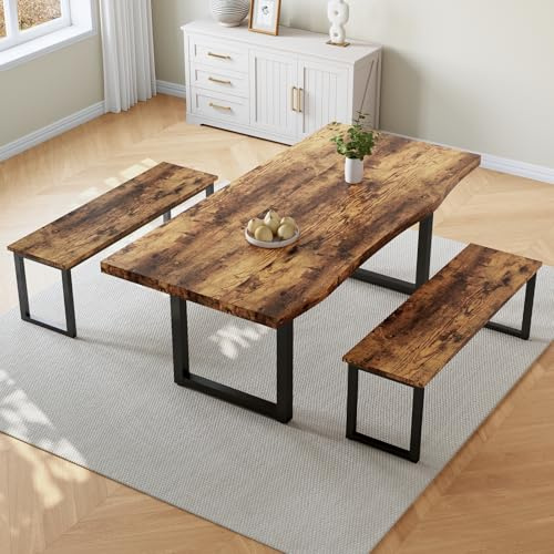 JIEXI Mesa de comedor con 2 bancos, aspecto de madera, mesa con borde ondulado, estructura metálica negra, mesa de 160 x 75 x 75 cm, bancos de 110 x 30 x 45 cm (Vintage Woodgrain)